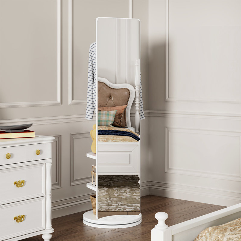 Miroir rotatif multifonctionnel pleine longueur avec support de rangement à crochets, 68,8 po x 19,69 po, Blanc