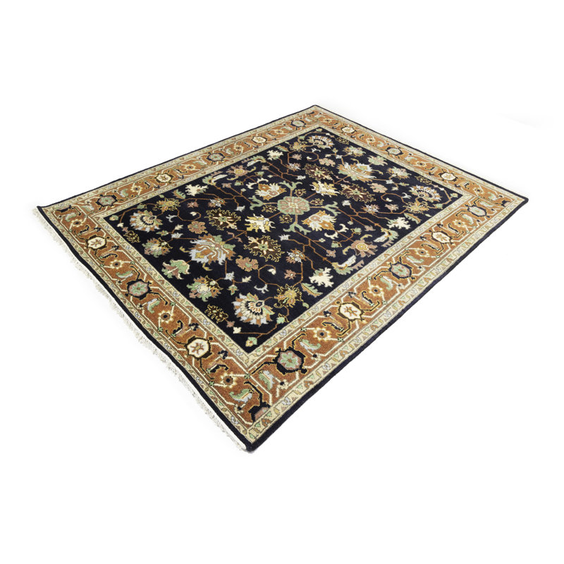 Shireena Oriental Hand-Knotted Rectangle 7'9" x 9'10" Wool Area Rug in Navy
