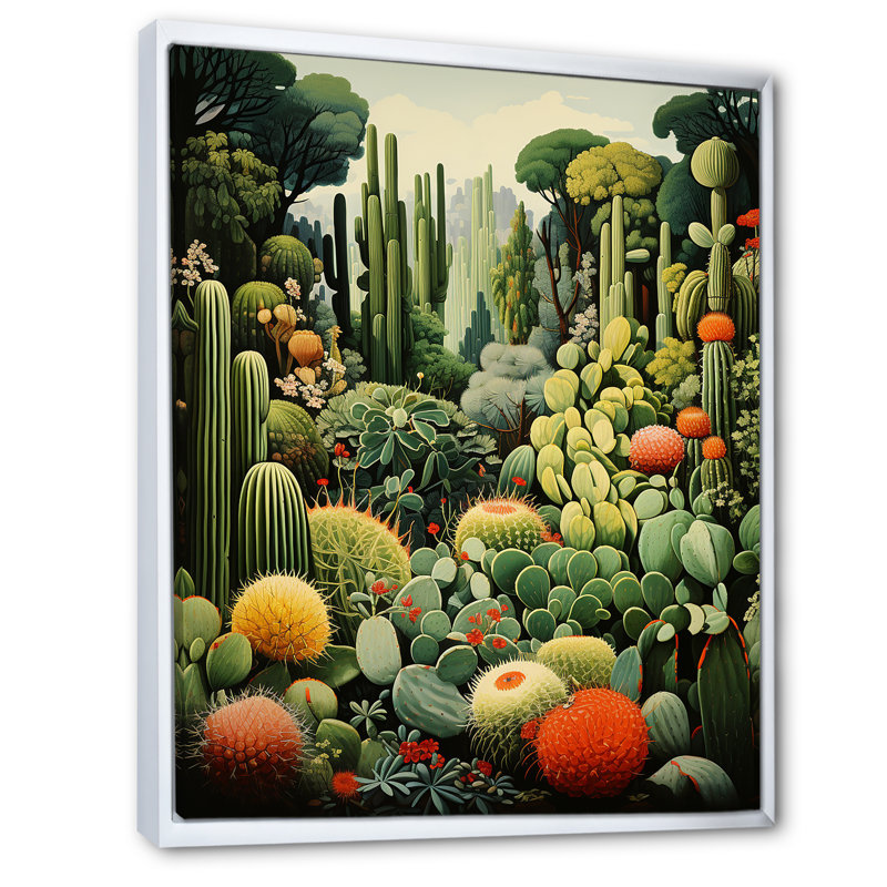 Cactus olive oasis sur toile, H 32 po x l 24 po x P 1 po, Cadre flottant blanc