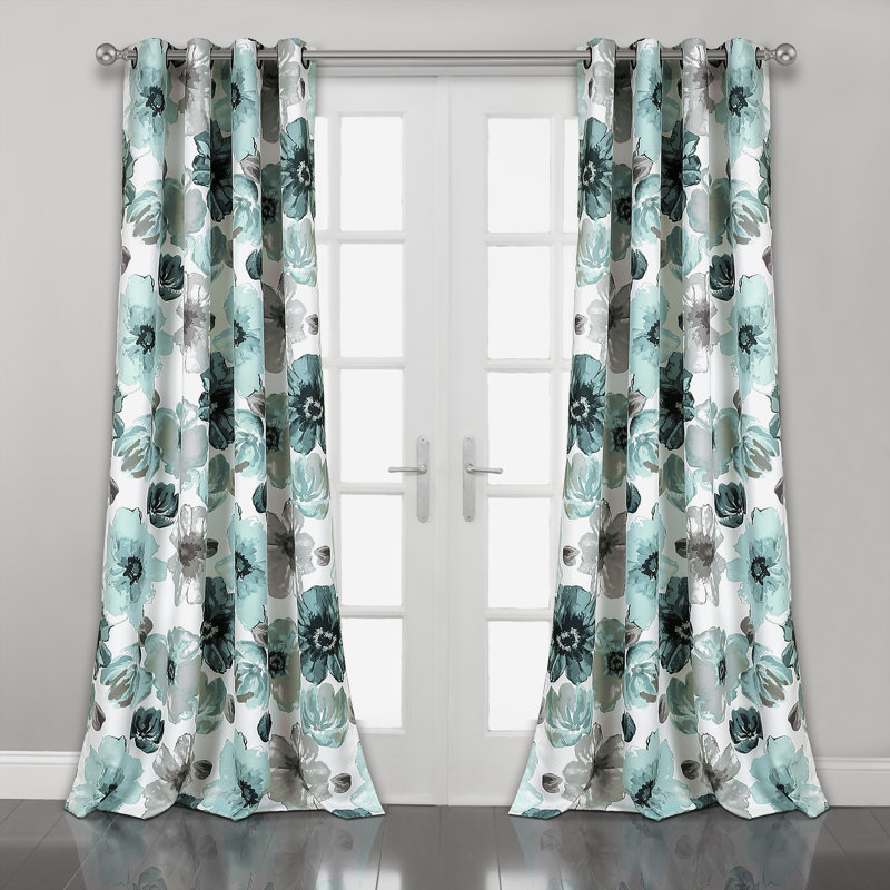 Blue Floral Polyester Room Darkening Window Curtain Panels, 52"W x 84"L