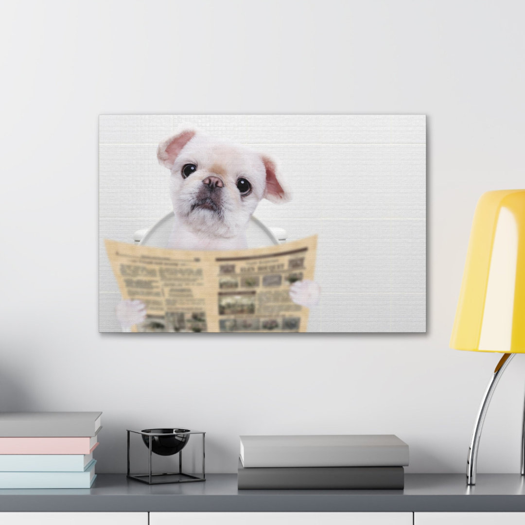 Cute Dog Reading Newspaper On Toilet Funny Canvas Wall Art