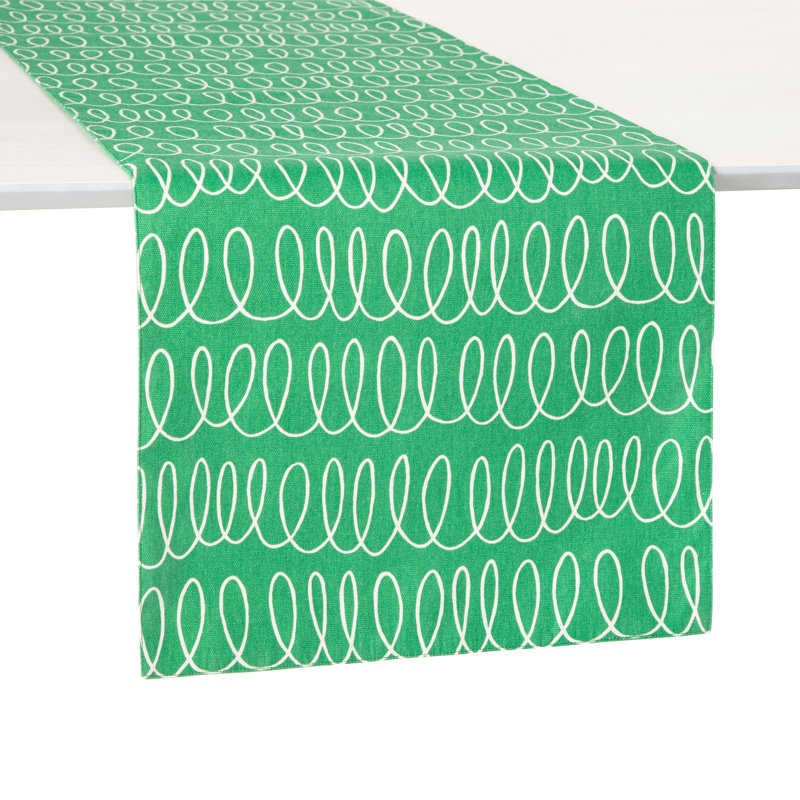 Loop And Dot Geometric Table Runnner, Green/White, 72" x 15"
