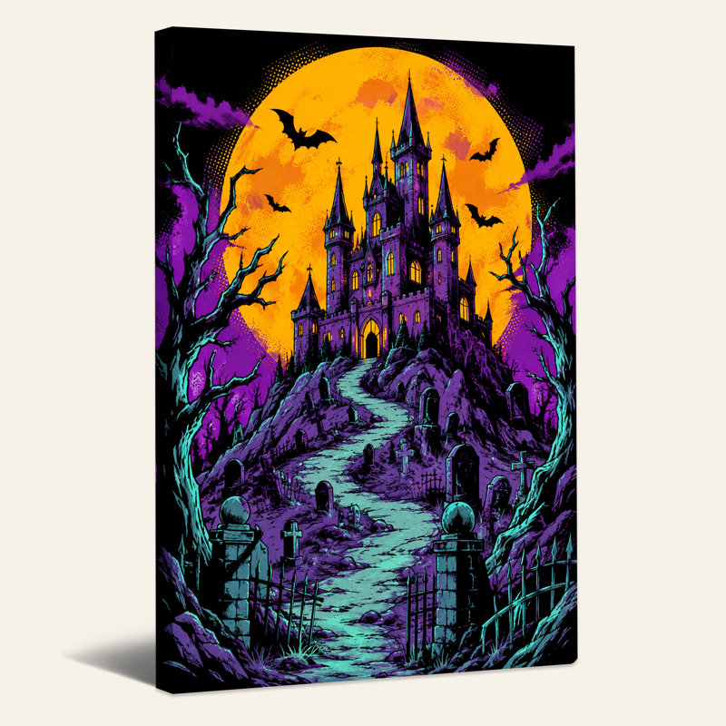 " Gothic Castle And Graveyard Under Orange Moon Halloween " Painting Print, H 36 po x l 24 po