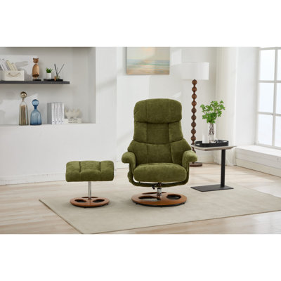 010-Fauteuil inclinable ergonomique avec repose-pieds, méridienne moderne pivotante à 360 ° avec repose-pieds, tissu chenille, massage par vibration à 5 points, siège chauffant et dossier réglable à 140 ° pour la maison ou le bureau, vert
