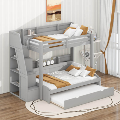 Wood Bunk Bed Twin Over Full Size With Storage Staircase And Built-In Storage Shelves, Bunk Bed Frame With Trundle And USB Port