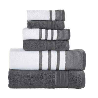 6 Piece Set, 2 Bath Towels, 2 Hand Towels, 2 Washcloths, Quick Dry White/Contrast Reinhart Coal6 Piece Set, 2 Bath Towels, 2 Hand Towels, 2 Washcloths, Quick Dry White/Contrast Reinhart Coal