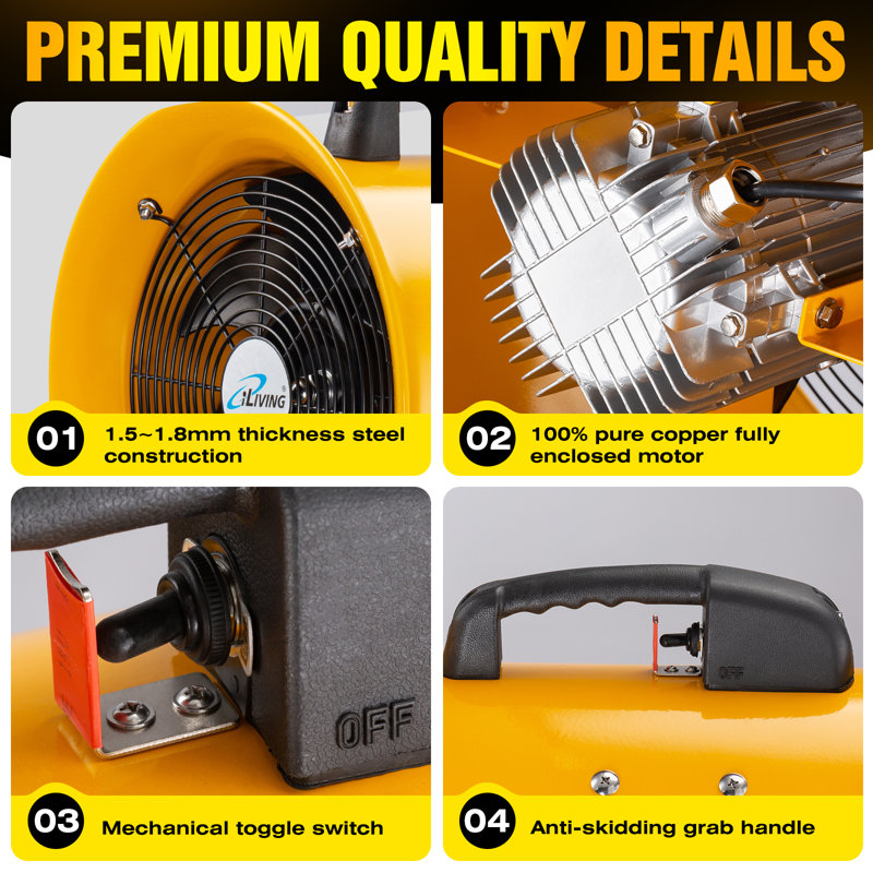 Ventilateur utilitaire haute vitesse iLIVING, extracteur de fumée, ventilateur portatif d'évacuation et de ventilation, ventilation avec 2720 pi³ / min, 3450 tr / min, jaune