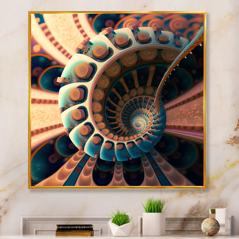 Turquoise fractal Emanation IV - impression, H 24 po x l 24 po x P 1 po, Toile avec cadre flottant or