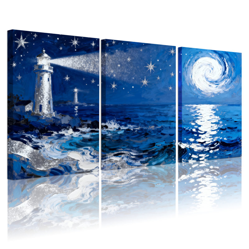 Nautique et plage, phare au clair de lune, étoiles de mer, nuit, vagues, ciel, réflexion, ensemble de 3 impressions sur toile