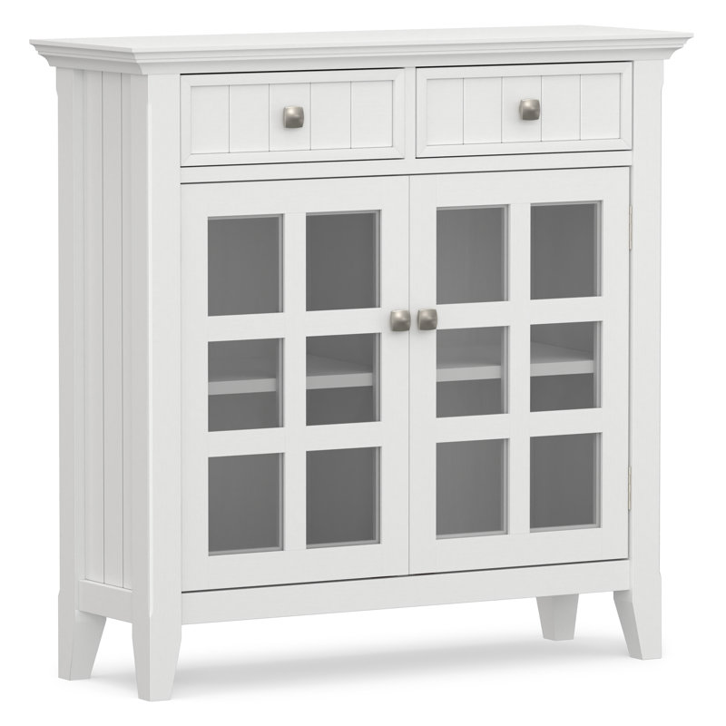 Armoire de rangement transitionnelle en bois massif avec tiroirs, portes en verre et tablettes réglables Acadian, Blanc
