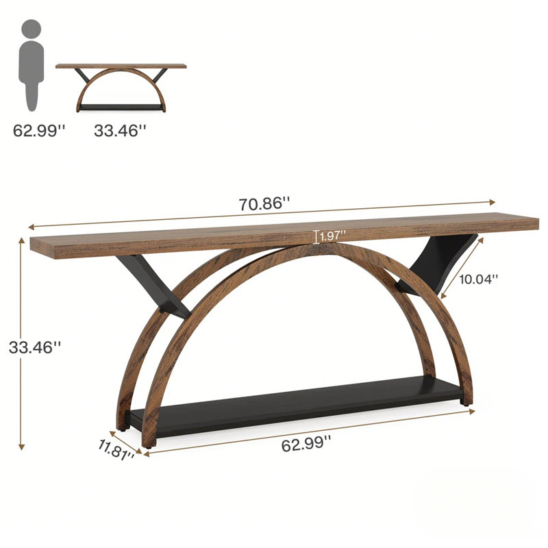 2-Tier Console Table, 70.86" Entryway Table with Half Moon Frame, Brown