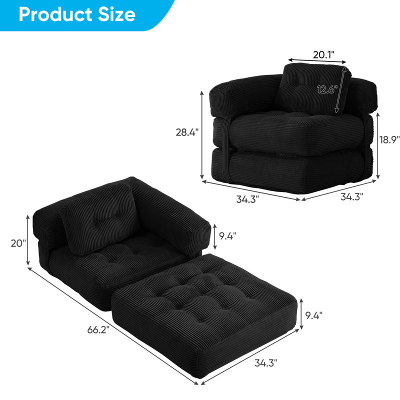 Boneless Multi-functional Folding Sofa Bed - Ergonomic Floor Lounger With Removable Cushions, hook & loop fastener Design & Breathable Fabric (space-saving Compressed Packaging, 34.3" Seat Depth)