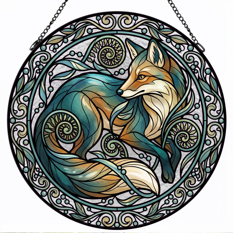 Fox Art Stained Glass Window Panel，12"H, 12"H