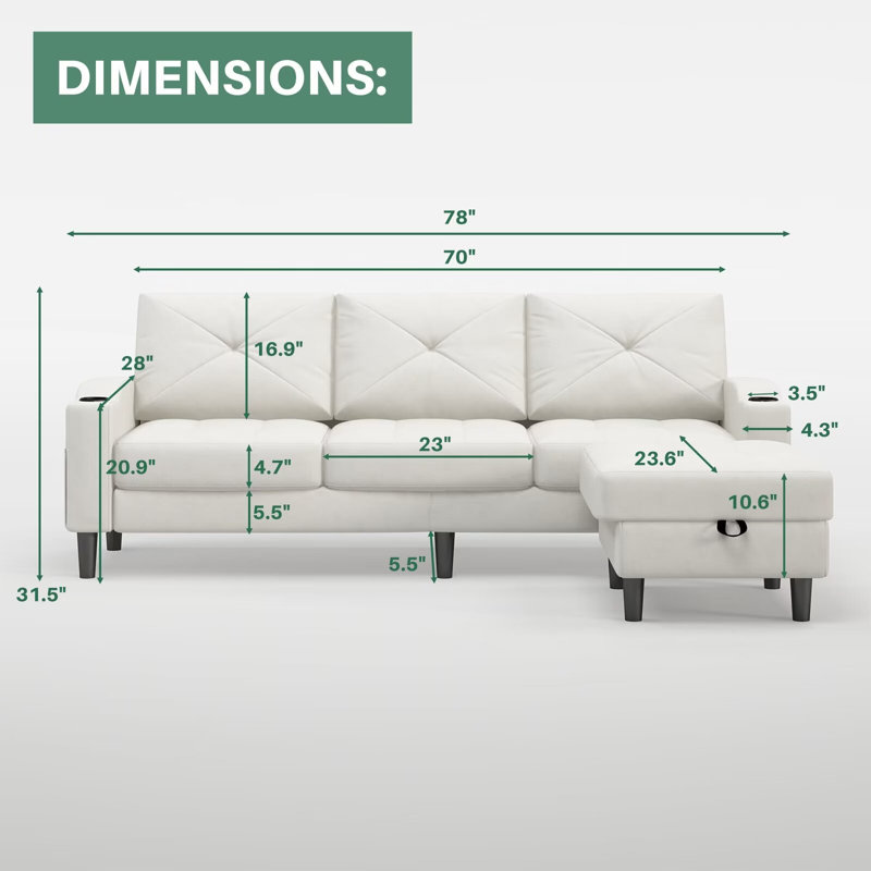 Canapé modulaire rembourré de 78 po avec méridienne Kimberlei, Tissu lin beige, Mousse à mémoire de forme