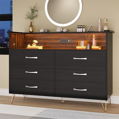6 Drawer Wood Dressers for Bedroom, Wooden Dresser with Led Lights and Power Outlet, Modern Chest of Drawers for Closet Entryway Hallway, Wide TV Stan
