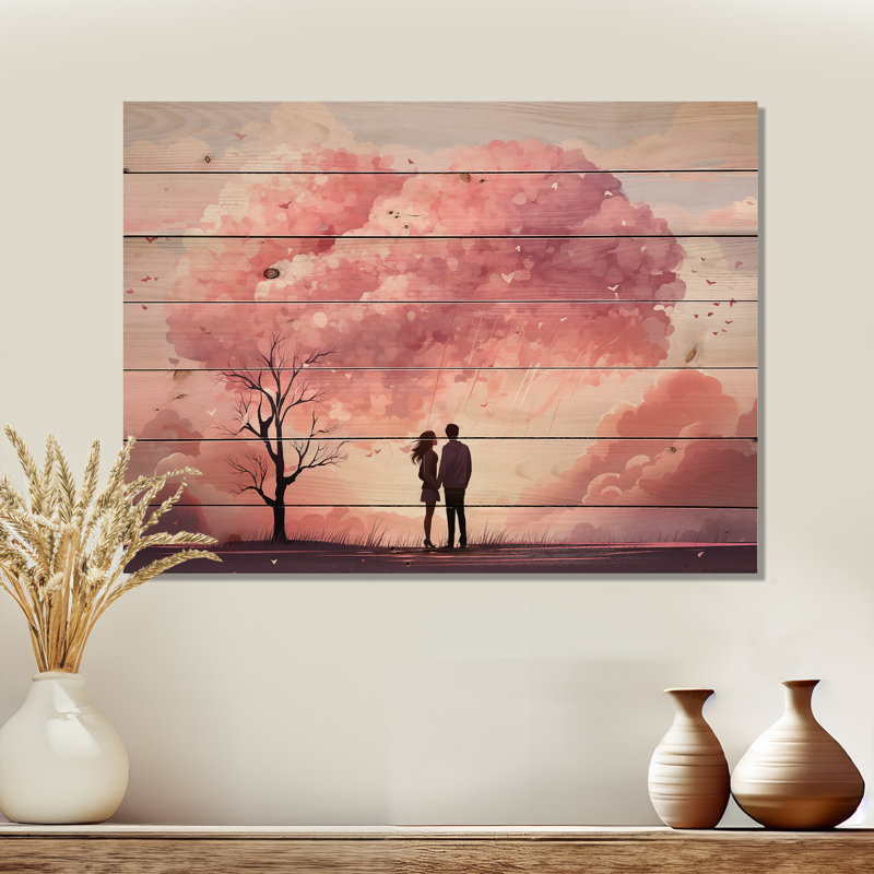 Couple romantique rose, rêve d'amour - Paysage romantique sur bois, H 10 po x l 20 po