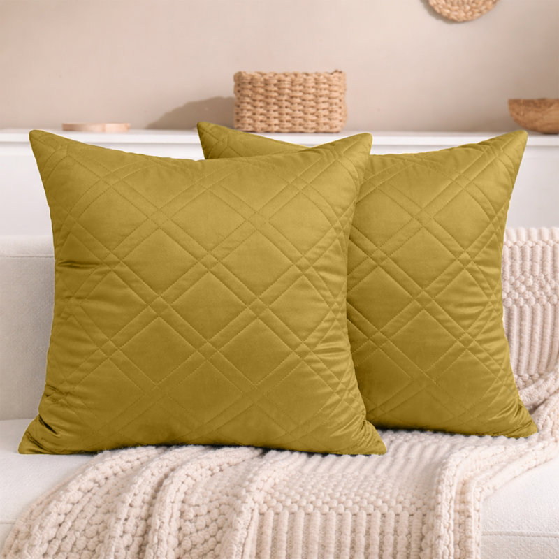 Aspire Homeware Diamond-Pattern Square Velvet Cushion Cover, Ochre, Pack of 2