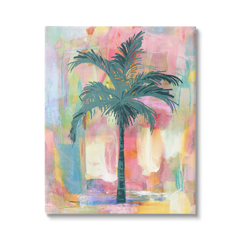 «Tropical Palm Tree» abstrait rose, collage jaune surdimensionné, art numérique sur estampe numérique par Kristen Dew