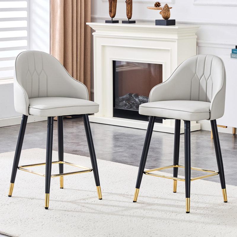 Modern PU Leather Bar Stool With High Back And Gold Footrest, 25" Seat Height, Light Gray, 2