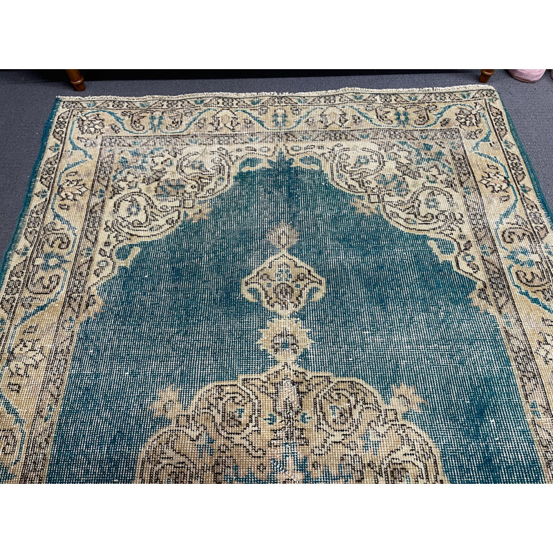 Tapis bleu rétro en laine patchwork 1,5 x 2,7 pi