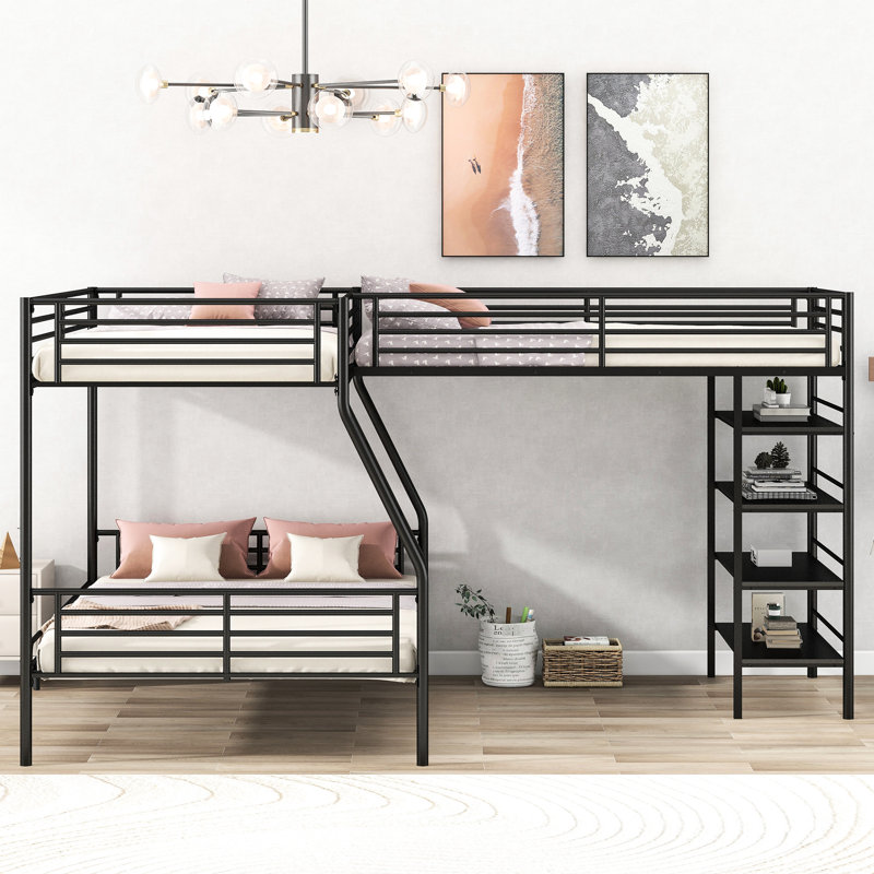 Lit simple sur lit simple en métal noir - Polyvalent avec tablettes et lit mezzanine en L, 4 tablettes, couleur