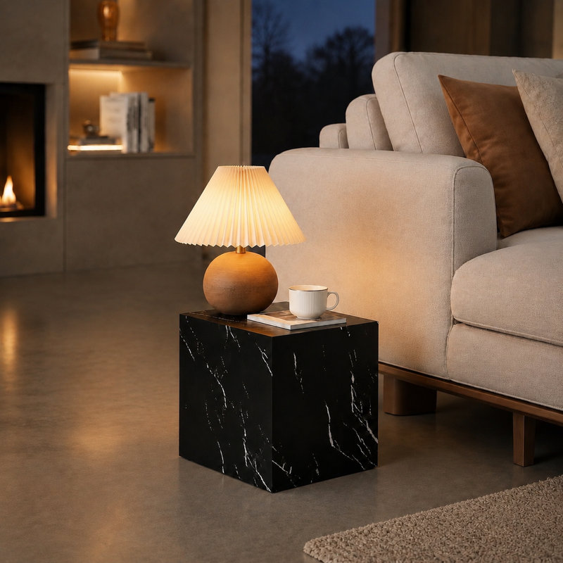 Javanie 15.75-Inch Modern Square Cube End Table for Small Spaces, Black Marble