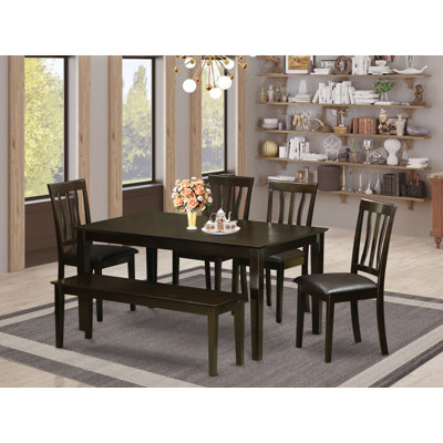 Ensemble de salle à manger 6 pièces comprenant une table de salle à manger rectangulaire et 4 chaises de cuisine en similicuir avec banc, cappuccino