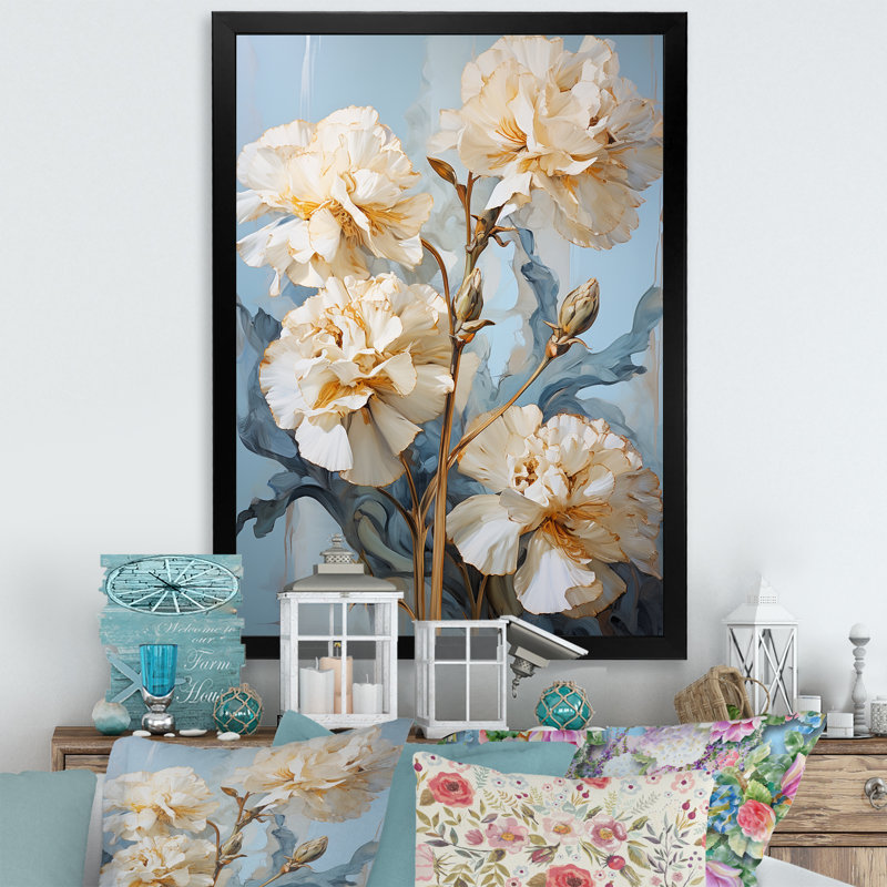 Œillets beiges sur bleu V sur toile, Cadre simple noir, H 20 po x l 12 po x P 1 po