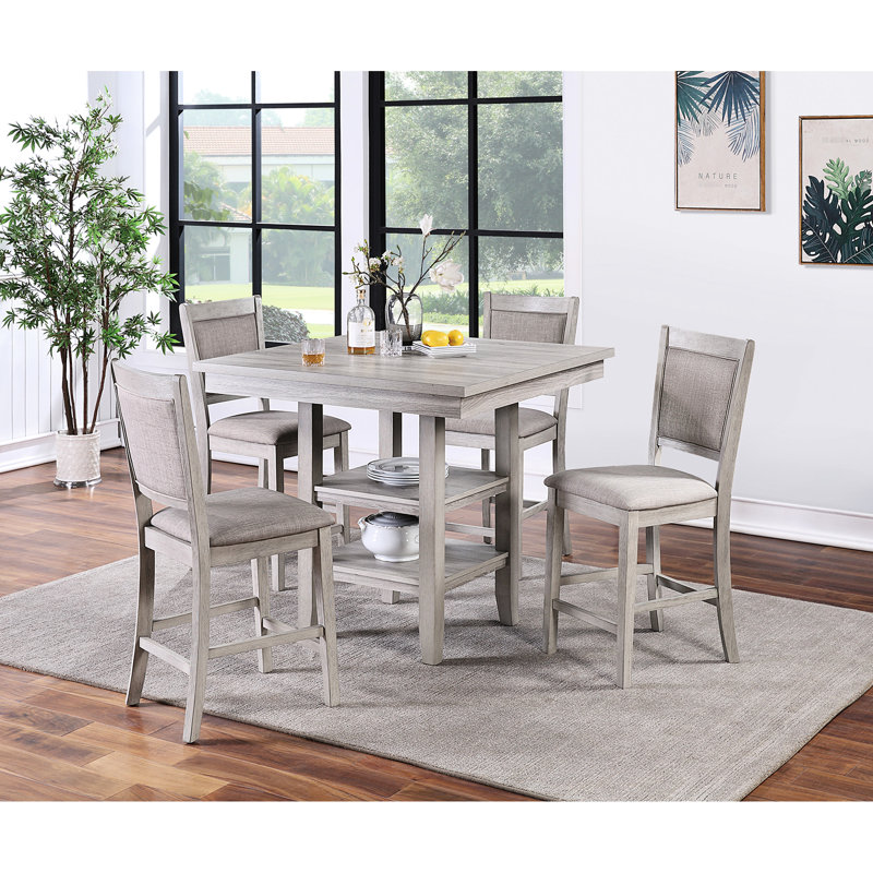 Ensemble de salle à manger à hauteur de comptoir 5 pièces, chaises rembourrées, gris et bois, rangement sous la table, repose-pieds, centre de table