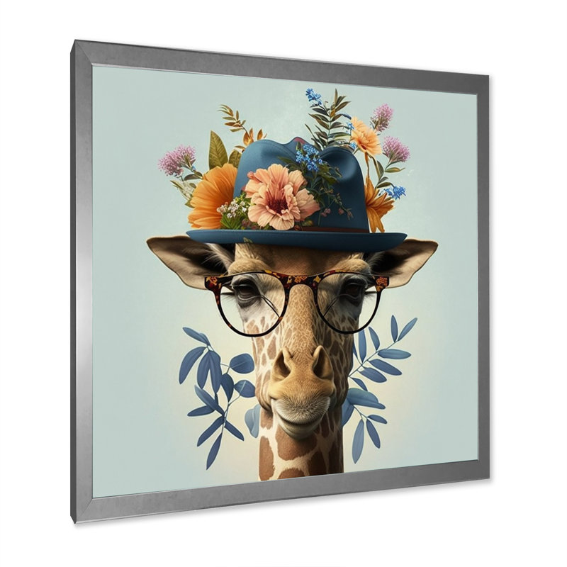 Portrait de girafe avec des lunettes et un chapeau, Cadre photo argenté, H 36 po x l 36 po x P 1,5 po