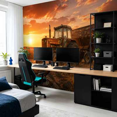 Rustic Tractor Trailer Wall Mural Golden Sunset Pheasants Grain Peel and Stick Wallpaper Modern Self Adhesive Wall Decor for Bedroom Living Room 100" L x 144" W