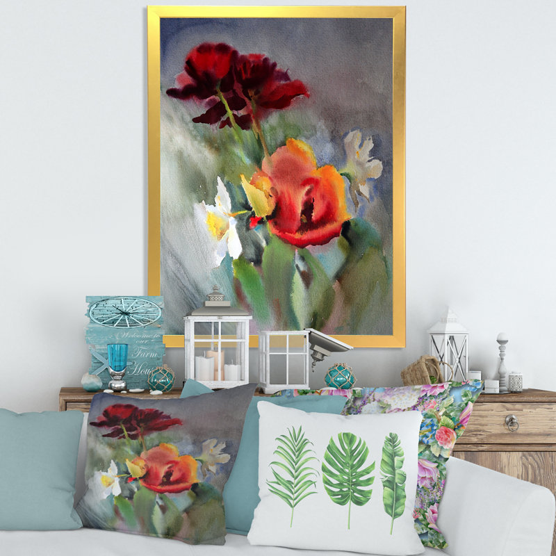 «Blossoming Vibrant Wildflowers», peinture sur toile, H 32 po x l 16 po x P 1,5 po, Toile encadrée d'or