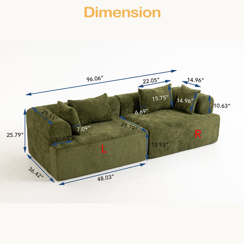 Full-Foam Modular Sofa, 96"2-Piece Sectional With Rounded Arms, Cloud-Like Comfort, Green