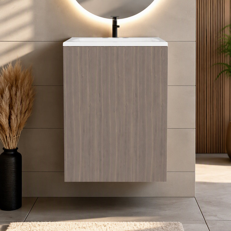 Meuble-lavabo compact à 2 tablettes en chêne blanc avec porte simple, White Oak