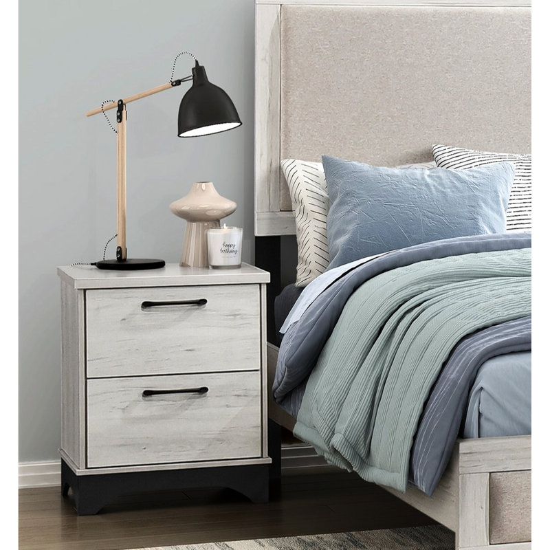 Modern Two-Tone 2 Bedside Cabinet In White Oak And Gray, Smooth Drawer Glide Operation, Black Tone Pulls, Already Assembled Construction Gray Bedroom Nightstand, Contemporary Design, Bearing Slides,