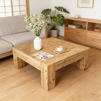 Table basse en bois massif, carré rustique