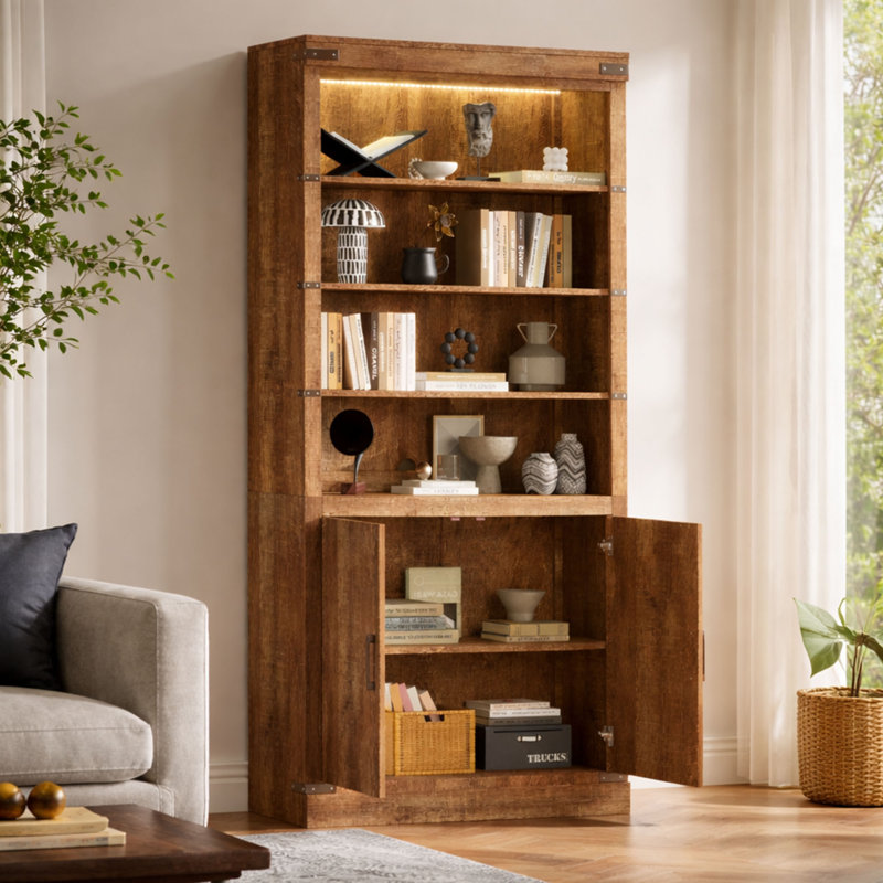 Bibliothèque de 83 po DEL Farmhouse, 3 tablettes réglables à 3 niveaux, bibliothèque en noyer vieilli, vitrine de rangement