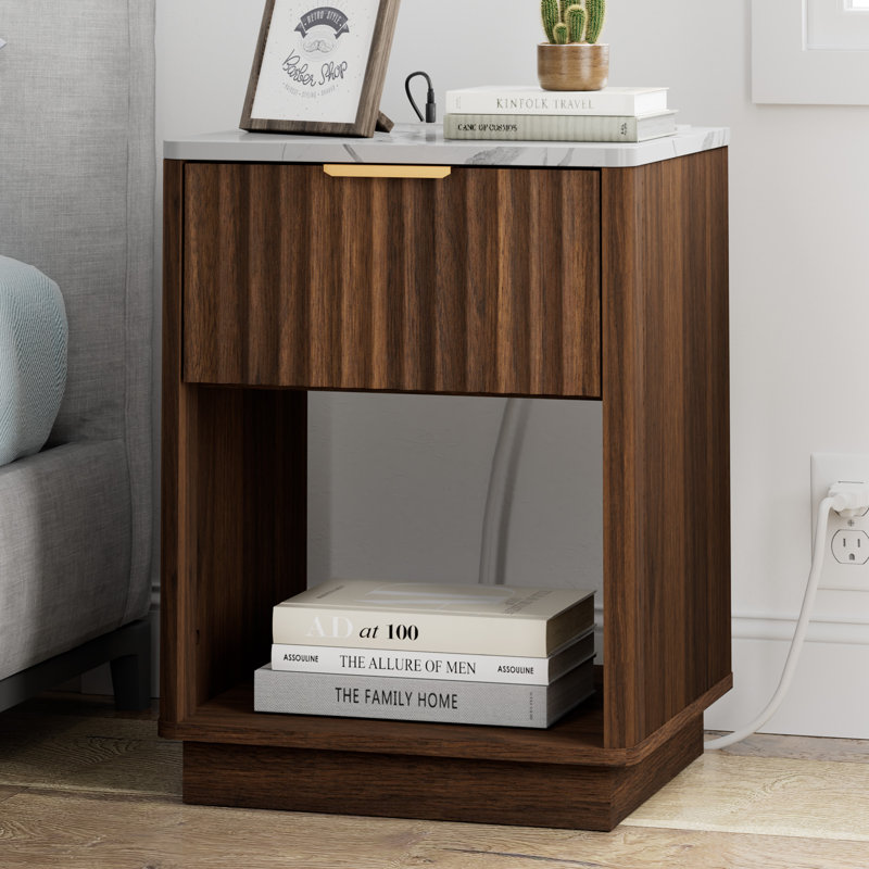 Schaitman 18''W Fluted 1-Drawer Nightstand with Open Cubby, Wood Nightstand with Built-In Charging Outlets