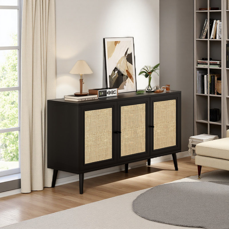 Buffet avec 3 portes en rotin, armoire de rangement moderne pour le salon de l'entrée, Noir