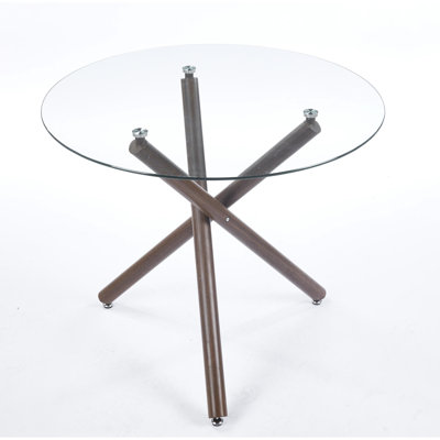 Table de salle à manger en métal couleur noyer avec pieds ronds en verre trempé lisse