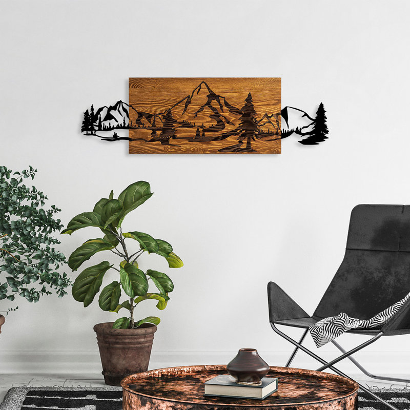 Decorative Wooden Wall Accessory, Walnut & Black, 30 x 95 cm, 100% Wood (Thickness: 5 cm) & Metal (Thickness: 0 cm), Wall Art, For Home or Office Décor, Easy to Hang
