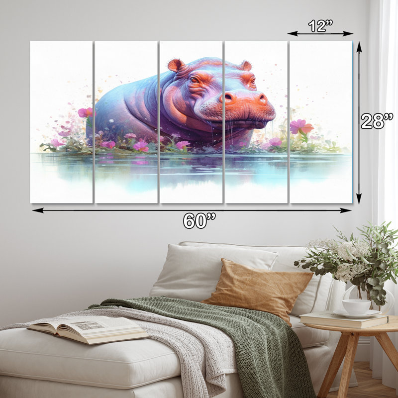 Hippopotame animé - reproduction d'art sur toile - 5 panneaux égaux