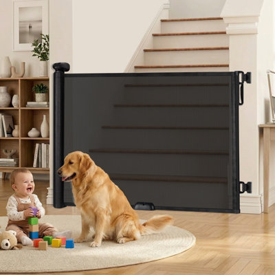 Barrière escamotable pour bébé pour escalier, barrière pour chien en maille de 71 po de largeur à l'intérieur, barrière pour enfant de 34 po de hauteur pour les portes, les couloirs, la terrasse, l'intérieur et l'extérieur