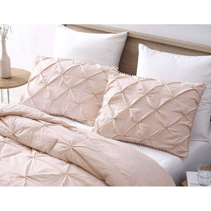 Natalia Washed Microfiber Pom Pom Pintuck Pleat Comforter Set, Blush, Queen Comforter + 2 King Shams