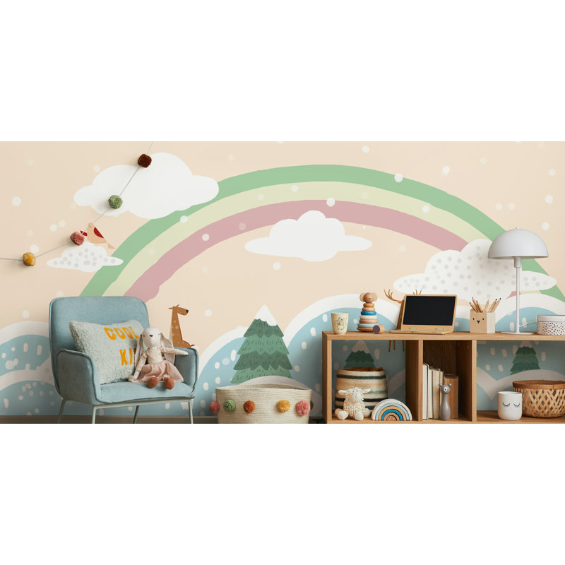 Pastel Rainbow Snowy Forest Nursery Wallpaper, 115" L  x 225" W