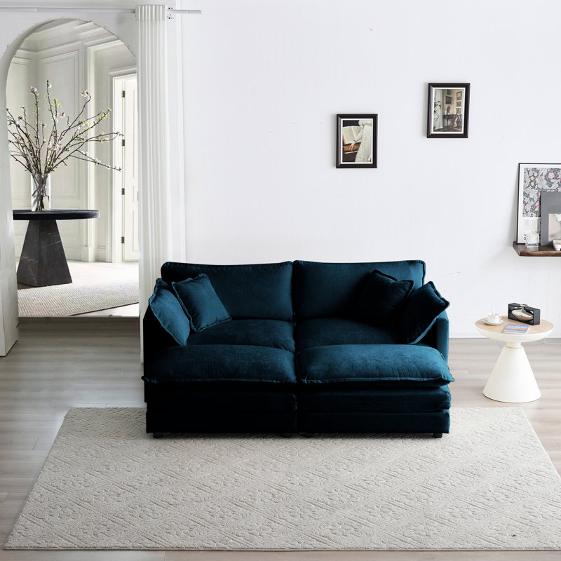 Canapé modulaire 4 places en chenille bleue avec mousse rembourrée et 2 repose-pieds revêtus d'ameublement