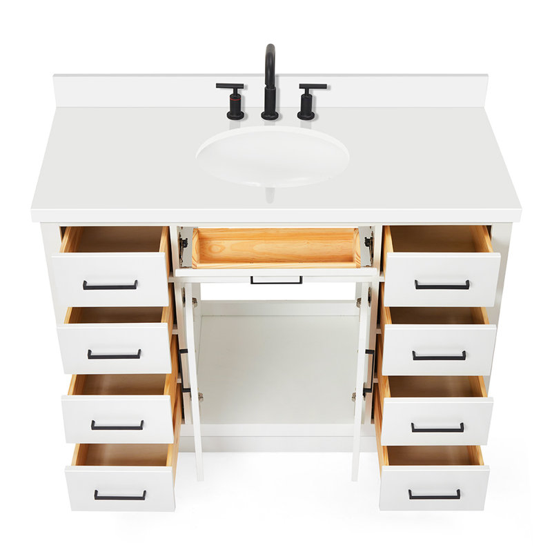 Ensemble de meuble-lavabo simple en bois massif 48 po avec lavabo en quartz blanc 1,5 po Tidworth, Blanc, Ovale