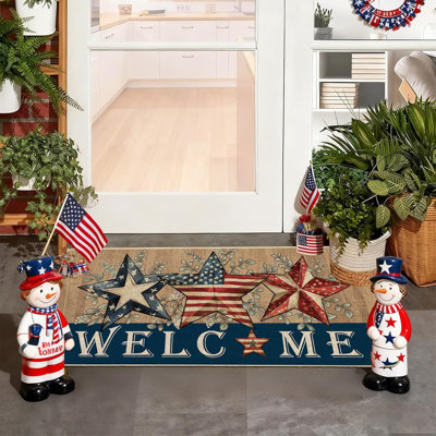 Patriotic Stars Welcome Doormat 17X29 Inch,Memorial Day 4Th Of July Independence Day God Bless America Door Mat Non Slip Washable Low-Profile For Floor Entrance Front Holiday Home Decor