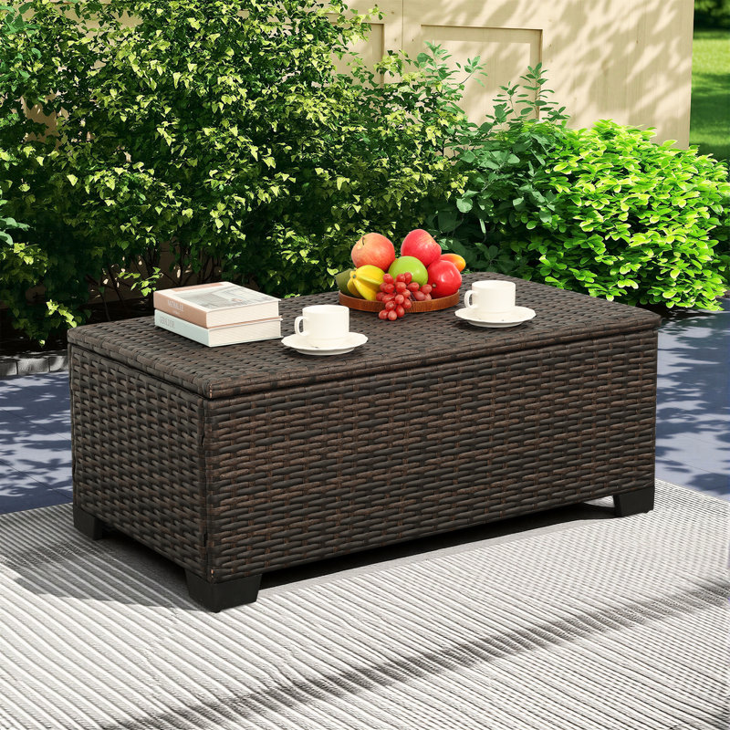 Outdoor Table with Storage Patio Table Wicker Coffee Table All-Weather Side Table Waterproof Cover, Brown