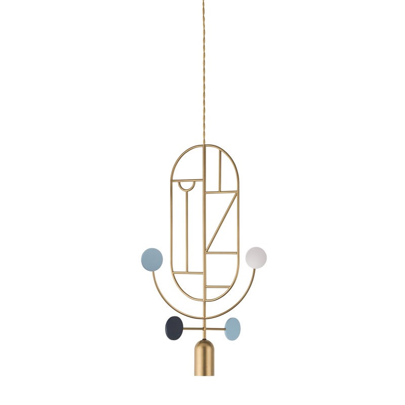 Luminaire suspendu géométrique unique à 1 lumière H 23,6 "à pois en bois avec 1 tige courbée, Laiton, Bleu / blanc